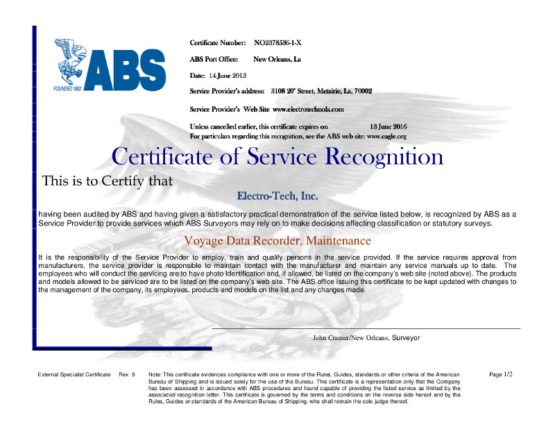 ABS Certificate - External Specialists Voyage Data Recording